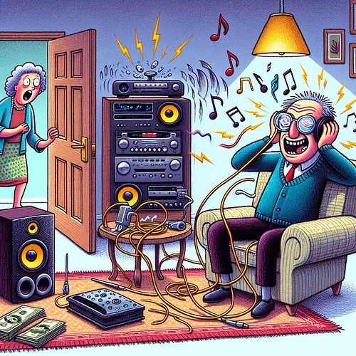 DALL·E 2023-11-04 22.13.07 - An illustration of a humorous scene inside a cozy living room early in the morning. An audiophile, with bags under his eyes from staying up all night,
