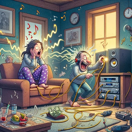 DALL·E 2023-11-04 22.13.03 - An illustration of a humorous scene inside a cozy living room early in the morning. An audiophile, with bags under his eyes from staying up all night,